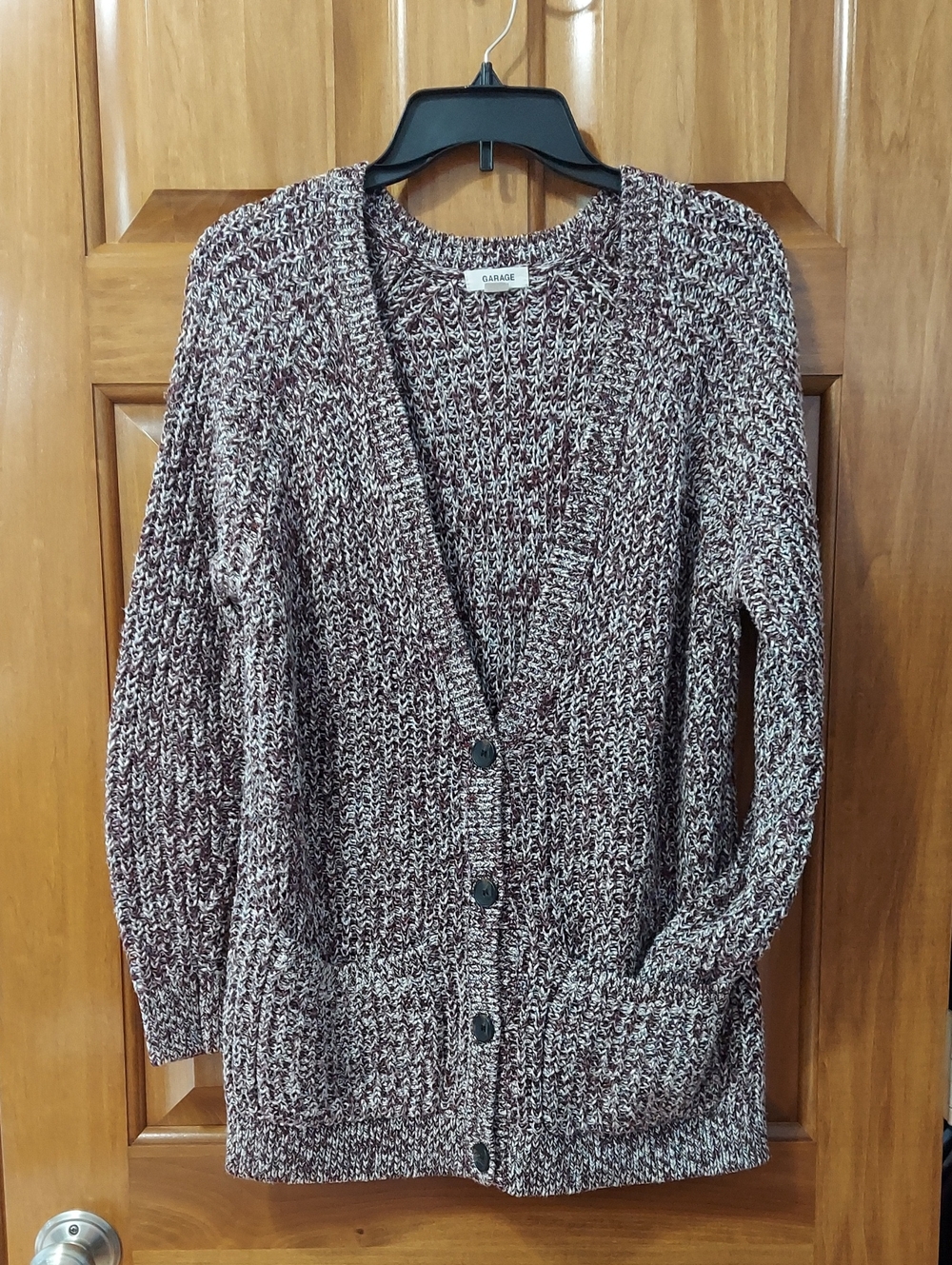 Garage Marled Burgundy & White Knit Cardigan Sweater Front Pockets, Size Small